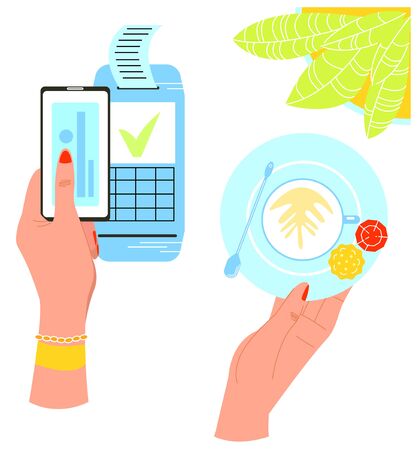 Vector flat illustration with hands that make payment for purchase of coffee using terminal, via phone, card. Concept of independent non cash electronic purchases, modern technologies and applicationsのイラスト素材