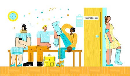 Vector illustration queue patients with fractures and plaster at office traumatologist. Concept organization medical activity, advantages electronic recording or emergency assistance in traumatology.のイラスト素材