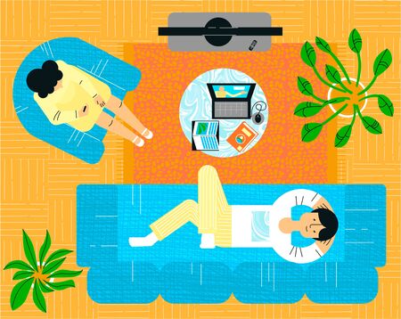 Vector flat illustration with event from family life of young couple during vacation with drawing of interior designのイラスト素材