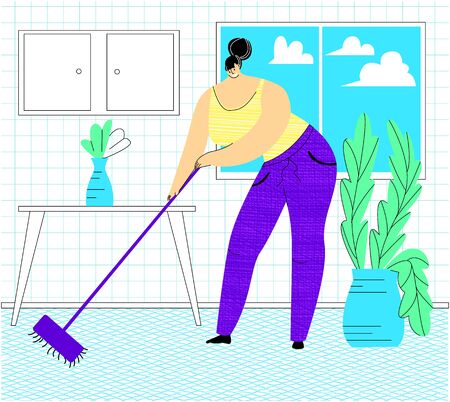 Vector flat illustration with happy, attractive woman who is doing home cleaning, washing the kitchen floors.のイラスト素材