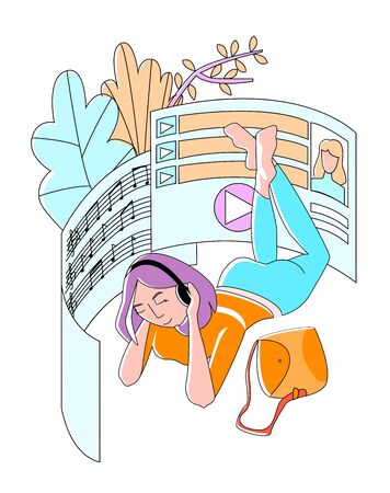 Vector flat illustration of attractive, happy girl lying on grass listening to music on headphones.のイラスト素材