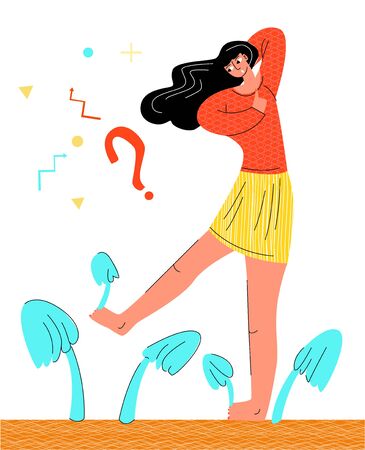 Vector flat abstract illustration with sad, brooding young woman who is looking at her feet, on which fungus is growing. Concept diagnostics and treatment of foot fungus, nail, Mycology.のイラスト素材