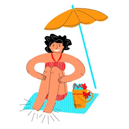 Vector flat happy young woman sitting on beach with nice, clean nails and smooth legs, no hair.のイラスト素材