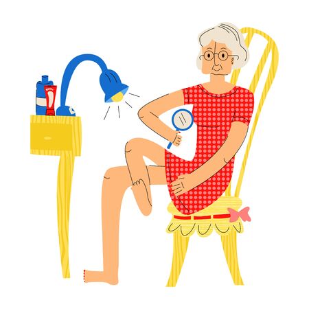 Vector flat of elderly woman examining her foot with magnifying glass.のイラスト素材