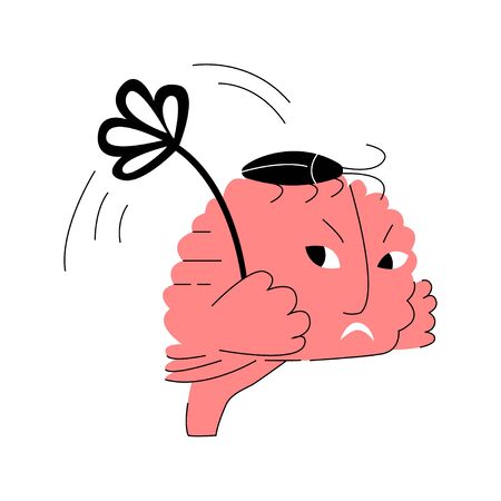 Vector flat metaphor with abstract animated brain that tries to kill cockroach on itself.のイラスト素材