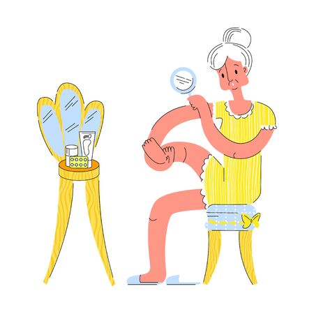 Vector flat illustration elderly woman who examines her feet for timely diagnosis, treatment of diabetic foot. Concept self diagnosis, diabetes complications, foot care, fungus, ingrown toenail, etc.のイラスト素材