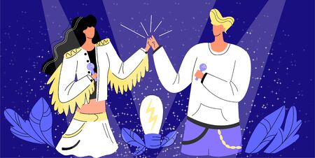 Vector flat with singers, male and female artists who give fives on stage.のイラスト素材