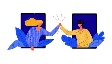 Vector flat two bloggers who give five out abstract phones. Concept cooperation, referral programsのイラスト素材