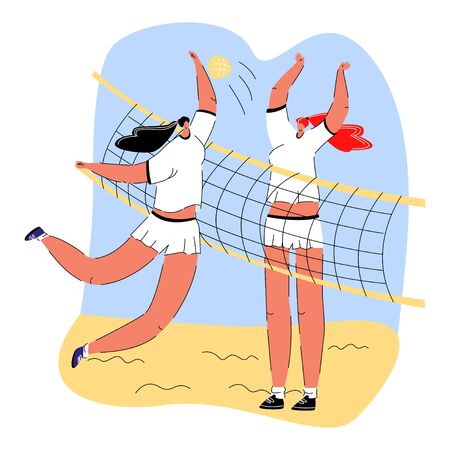 Vector flat illustration with young women playing beach volleyball in sports uniforms. One hits ball, sending it through net, other tries to hit it back. Concept of sports, healthy, active lifestyle.のイラスト素材