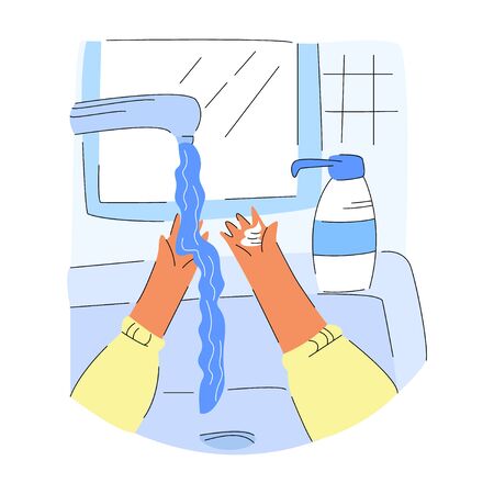 Vector flat abstract washing hands, bathroom. In one hand is picture liquid antibacterial soap, in other under stream water from tap. Concept prevention coronavirus, other infections, hygiene.のイラスト素材