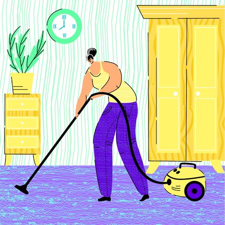 Vector flat illustration woman, housewife, who cleans house, vacuums carpet. Interior of room is decorated in retro style. oncept creating comfort, cleanliness, and living alone, cleaning companies.のイラスト素材