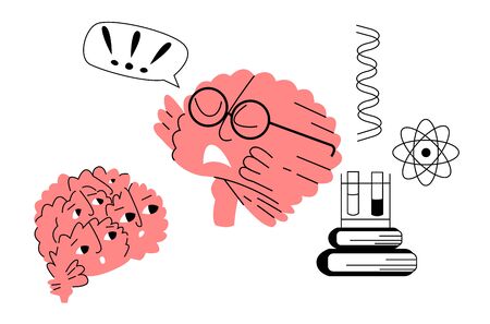Vector flat abstract scientist brain that trains small surprised brains. There are scientific attributes, such as atom, DNA, test tubes, books. Concept of science, education, development, and teachingのイラスト素材