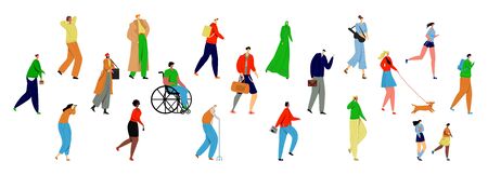Vector flat set of walking people on white background of different ages, gendersのイラスト素材