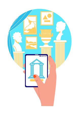 Vector flat abstract image of hand holding mobile phone, in which display shows interior of Museum with pictures and sculptures. Concept museums online apps for watching your home or anywhere.のイラスト素材