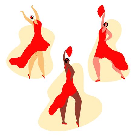 Vector flat set young, attractive women of different skin colors, nationalities performing the Habanera dance. Concept passionate feelings in art dance, rhythm. It can be used in banners, posters etc.のイラスト素材