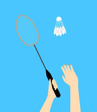 Vector flat abstract isolated illustration hands that toss shuttlecock, swing racket against background sky.のイラスト素材