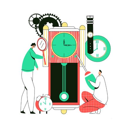 Vector flat illustration with enlarged clocks that are diagnosed, repaired by working watchmakers. Concept of repairing old clocks, and various hand held, wall mounted, others.のイラスト素材