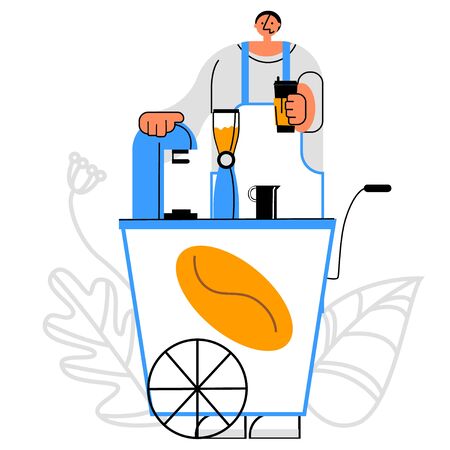 Vector flat illustration of coffee vendor standing behind mobile street counter. Concept food truck. It can be used in web design, advertising, banners, etc.のイラスト素材