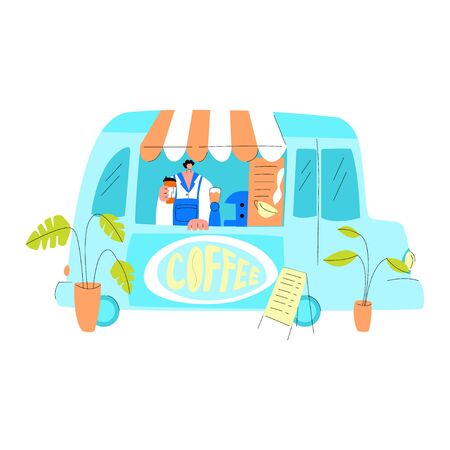 Vector flat illustration of coffee vendor standing behind mobile street counter. Concept food truck. It can be used in web design, advertising, banners, etc.のイラスト素材