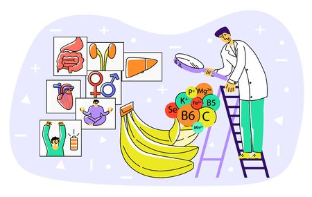 Vector flat abstract enlarged banana, which is examined with loupe by scientist.のイラスト素材