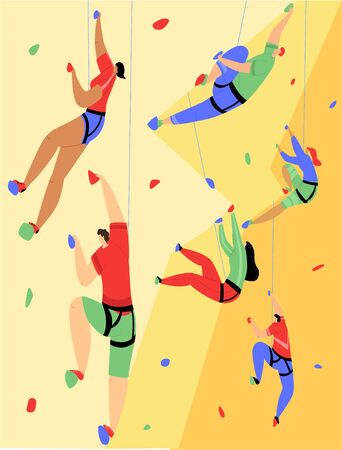 Vector flat illustration with various rock climbers climbing up wall. Concept of sports, active recreation, lifestyle, mountaineering, tourism. You can use it as clipart for web design, ads, etc.のイラスト素材