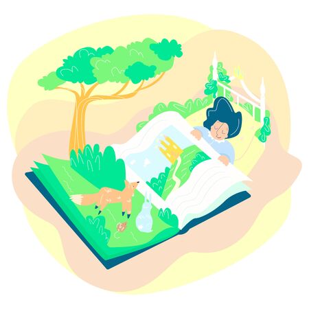 Vector flat fantasy illustration with girl who is sleeping sweetly under leaf of fairy tale book.のイラスト素材