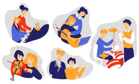 Vector flat illustration with set of music teachers and young students playing various instruments.のイラスト素材