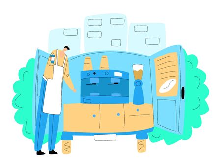 Vector flat illustration of coffee vendor standing behind mobile street counter. Concept food truck. It can be used in web design, advertising, banners, etc.のイラスト素材