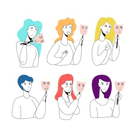 Vector flat set of female faces. They hold masks with other emotions.のイラスト素材