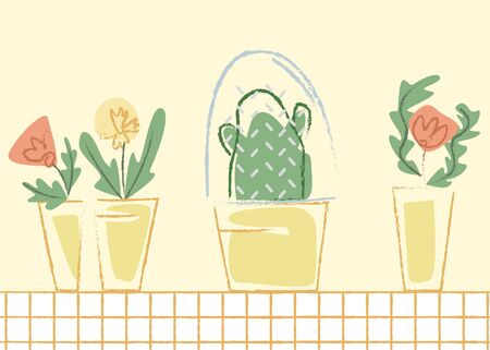 Vector flat abstract illustration with cactus under glass flask, separate from other plants. Concept of psychological self isolation from others, social phobia, abuse.のイラスト素材