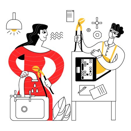 Vector flat abstract illustration of woman trying to fix faucet by consulting locksmithのイラスト素材