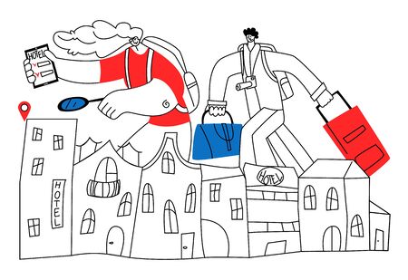 Vector flat illustration with happy tourists who are looking for more convenient hotel using app.のイラスト素材