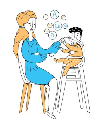 Vector flat illustration woman who is feeding her small child with spoon. Top shows microelements and vitamins that are necessary for baby. Concept proper introduction of complementary foods.のイラスト素材