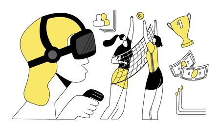 Vector flat illustration abstract person who is playing online virtual sports, volleyball, with virtual glasses. If wins, he will get money. Concept V sports, games, vr. Lines and color are used.のイラスト素材