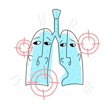 Vector flat illustration with lungs that are under gun. They are afraid and worried.のイラスト素材