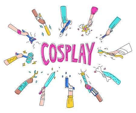 Vector flat illustration with abstract hands heroes of cinema, computer games, comics, anime, manga on background lettering cosplay. Concept costume game.のイラスト素材