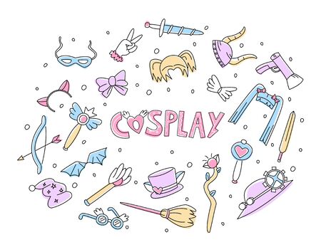 Vector flat illustration with set elements, attributes cosplay on background of lettering. Concept costume games, masquerade and accessories, props for this.のイラスト素材