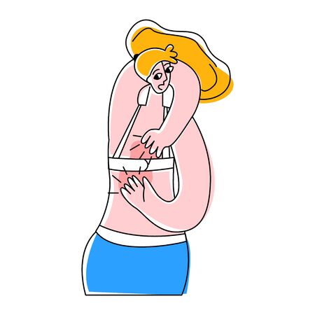 Vector flat illustration young woman scratching skin of her back. Concept dermatological diseases, itching, allergies, dermatitis, eczema. It can be used in web design, banners, etc.のイラスト素材