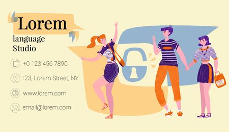 Vector flat business card and picture of greeting young people on abstract background of logo language schoolのイラスト素材