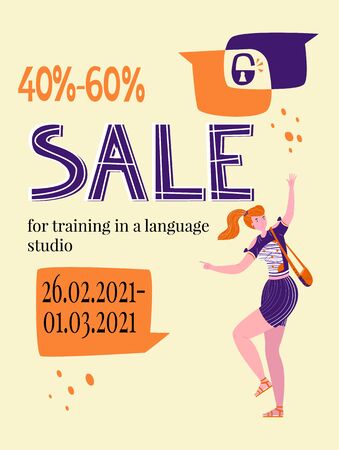 Vector flat template Billboard or poster with discounts on language or psychological school tuition.のイラスト素材