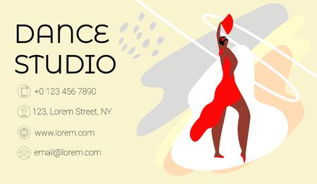 Vector flat illustration template, business card layout for dance Studio, school, or club. There is place for contact information. It shows woman dancing tango. Size standard 90x50.のイラスト素材
