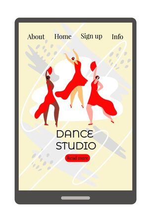Vector flat illustration template, landing page layout, web design, website home page. Three dancing women are depicted. There are menu buttons. Concept dance schools, clubs, performances, events.のイラスト素材