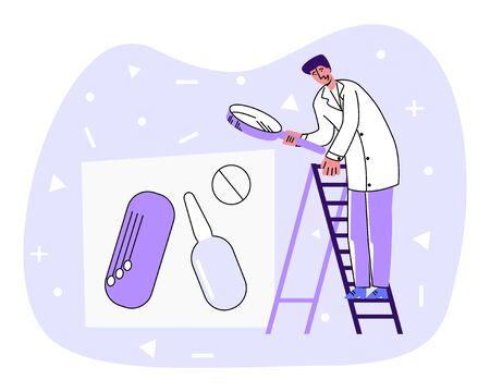Vector flat doctor looking at abstract medicines.のイラスト素材