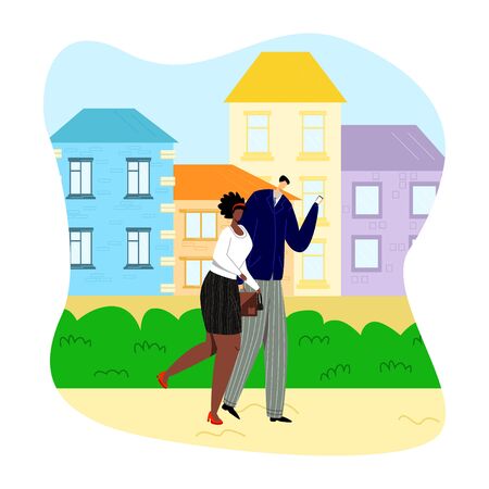 Vector flat couple in love walking down street.のイラスト素材