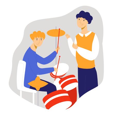 Vector flat illustration child playing a drumのイラスト素材