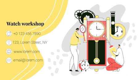 Vector template, business card layout for repair and restoration of watches. Watchmakers who work with old, modern watches are shown. It can be used at size 90x50.のイラスト素材