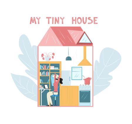 Vector flat illustration tiny, compact house, its interior with resident. Woman is working on laptop. You can use it in banners, posters, landing pages, web design, etc.のイラスト素材