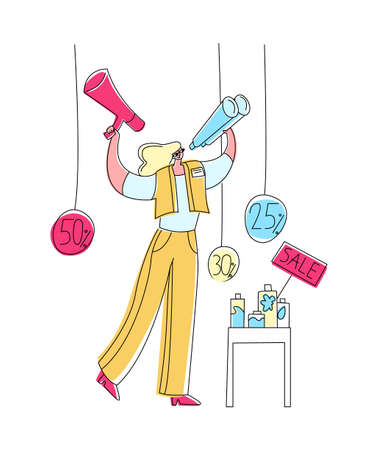 Vector flat illustration promoter who calls customers through megaphone to products that are sold at discount. Concept advertising, promotion, promotions, and marketing.のイラスト素材