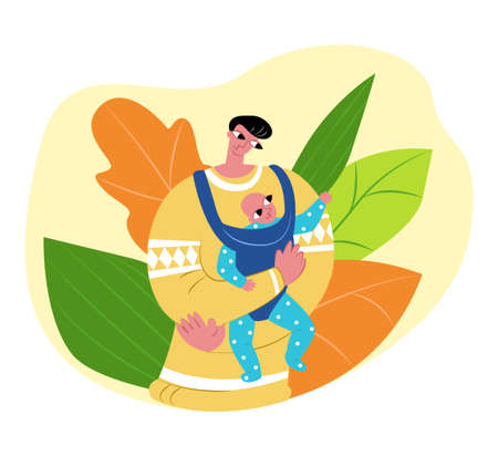 Vector flat illustration happy single father with baby in children carrier. Abstract plant background. Concept fatherhood, child care, and slings. Can be used in father s day cards, landing pages, etcのイラスト素材