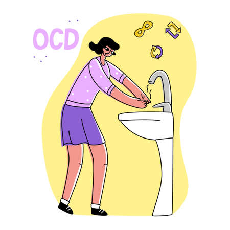 Vector flat illustration young woman washing her hands. Symbols repetition and infinity are shown on top. Concept obsessive-compulsive disorder or OCD, mental illness.Square format.のイラスト素材